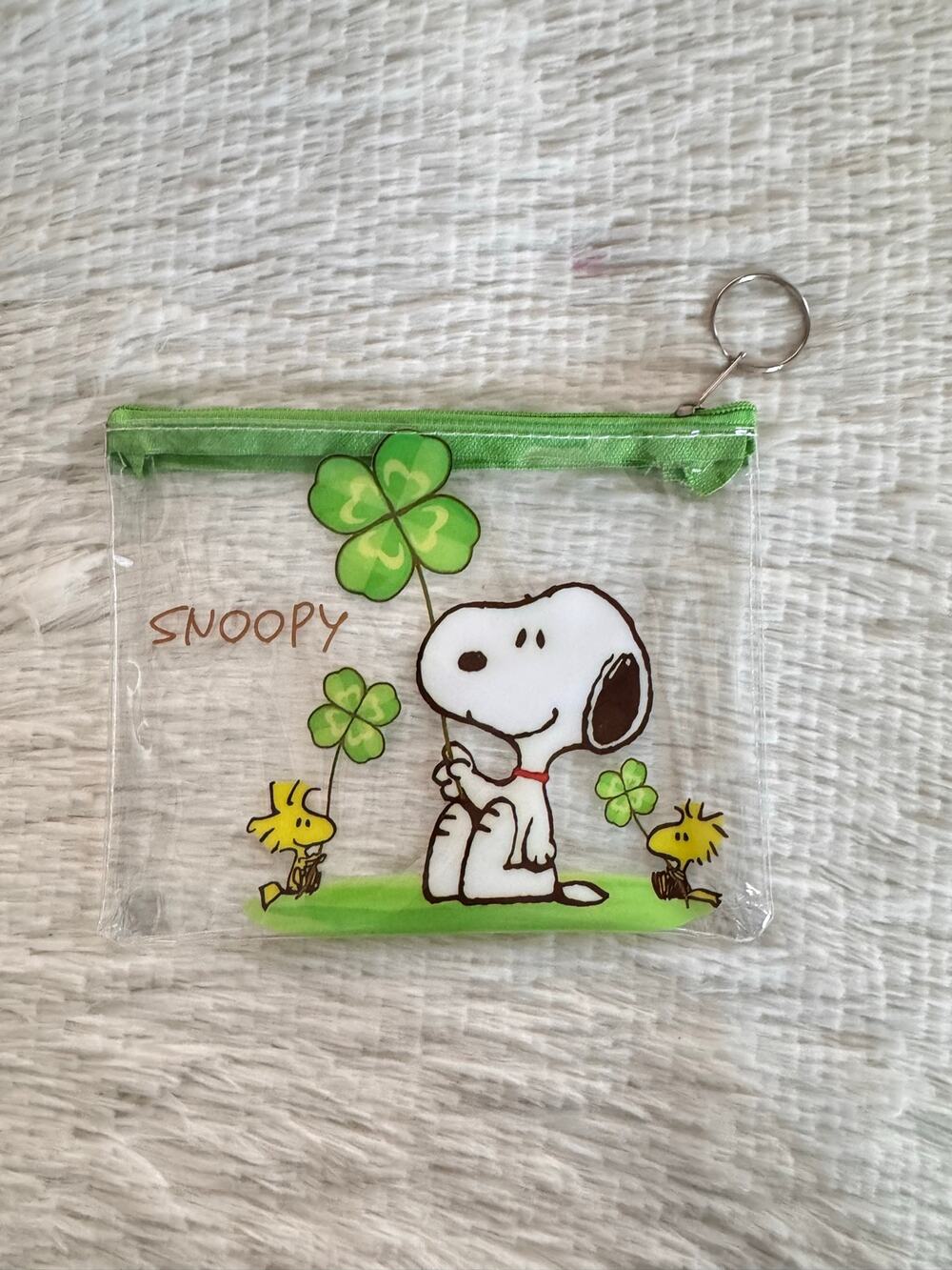 Snoopy clear pouch with green shamrocks and keychain zipper
